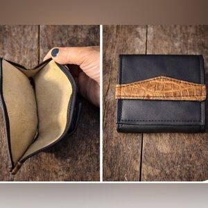Handmade Texas Leather Wallet Croc Accent Coin Pocket Black Brown Bifold